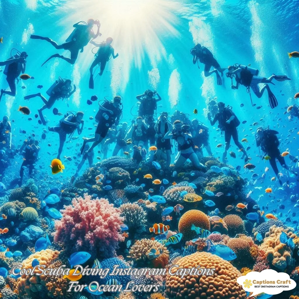 Diverse group of scuba divers exploring a vibrant coral reef filled with colorful fish.