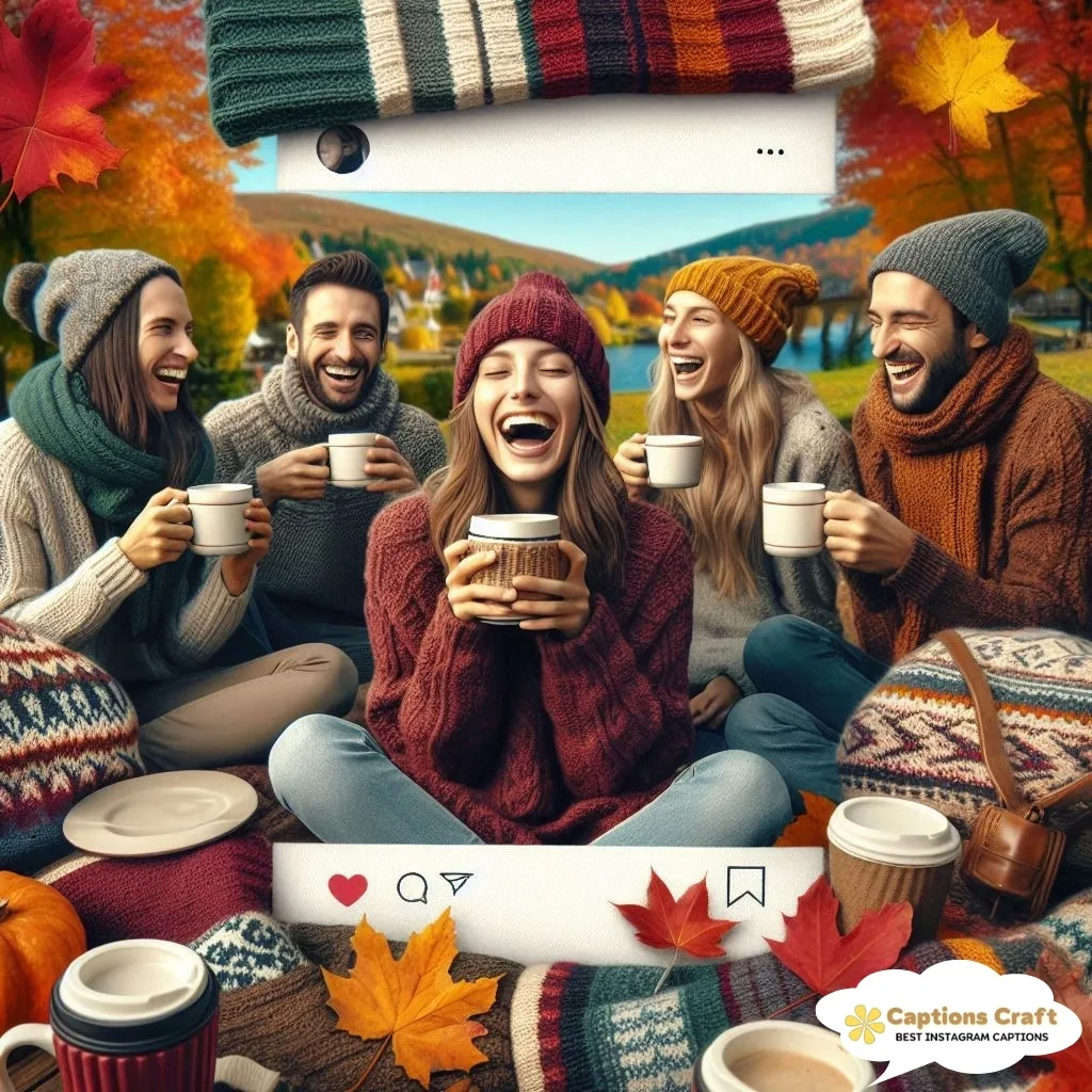 Group of friends in cozy sweaters laughing with mugs in autumn leaves.