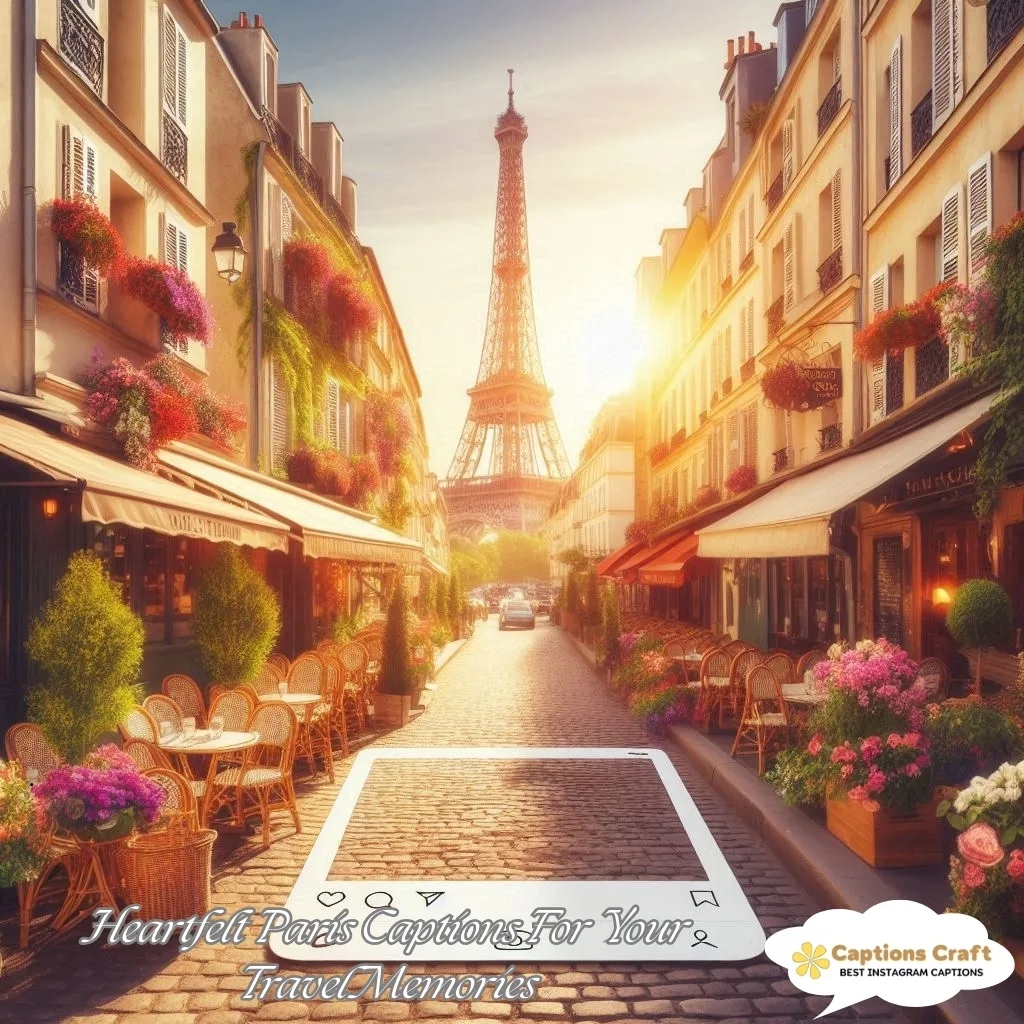 Charming Parisian street lined with cafes and flowers, Eiffel Tower in the distance at sunset.