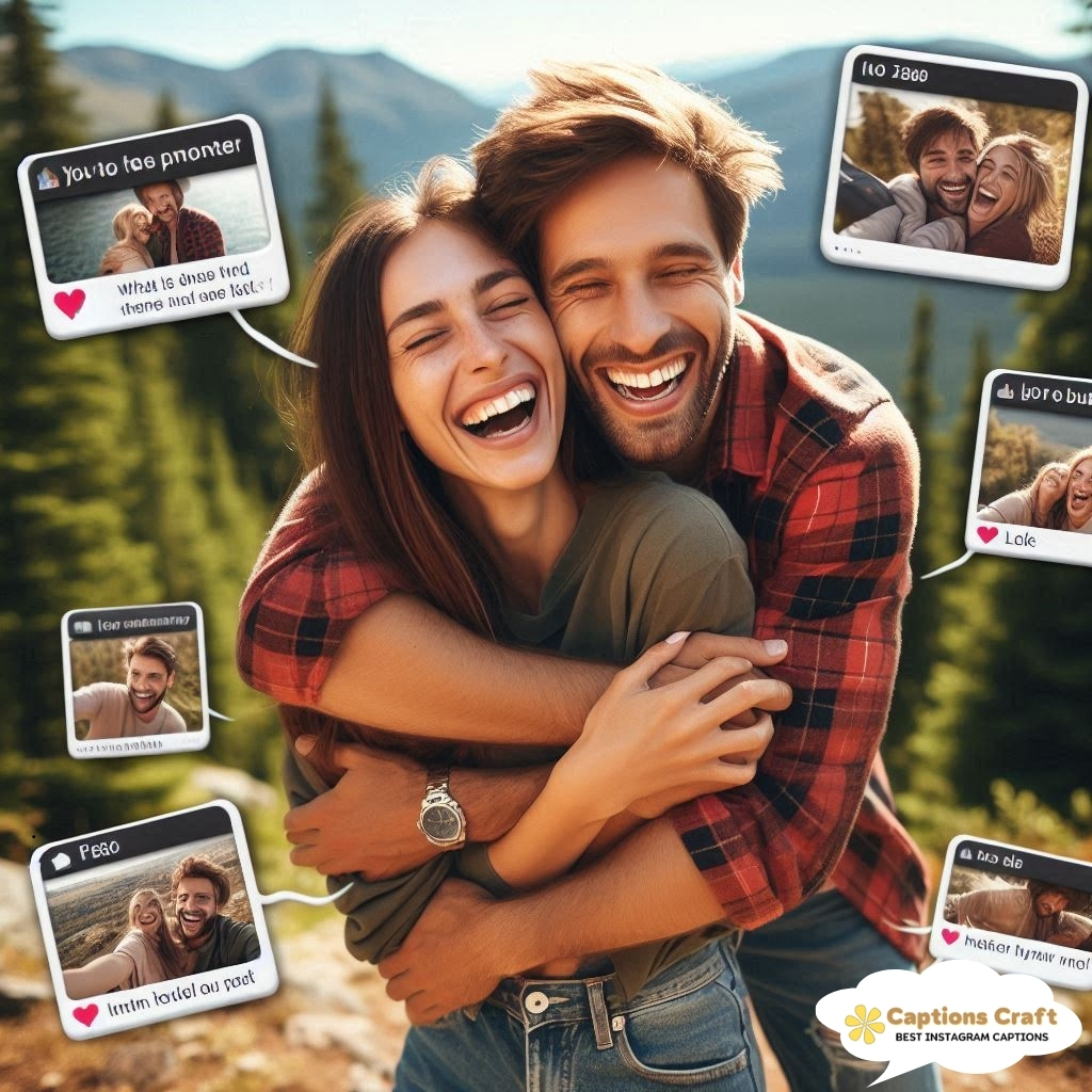 Couple laughing in a forest, embracing with joy, surrounded by playful photo frames.