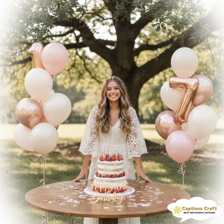 Young woman in white dress smiles by a birthday cake surrounded by balloons.