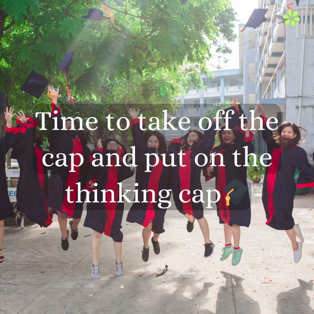 A person holding a graduation cap in one hand and a thinking cap in the other, symbolizing the transition from celebration to deep contemplation.