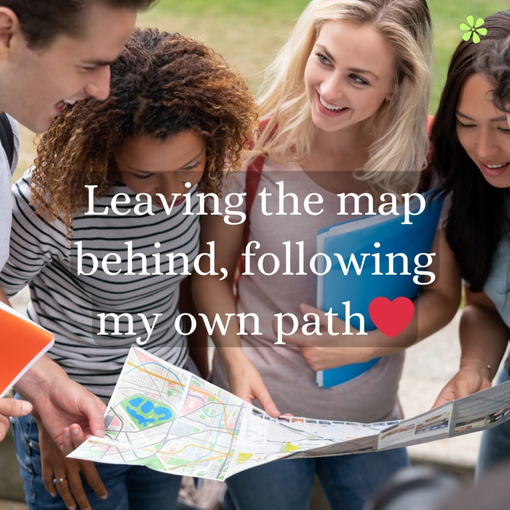 Four people studying a map, confidently striding forward, forging their own path, leaving the map behind.