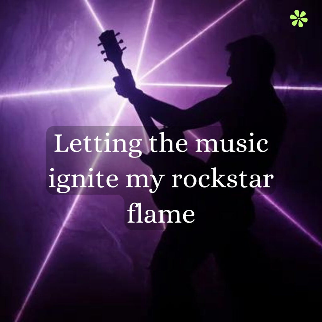 A person passionately playing a guitar, fully immersed in the music, with a fiery determination to unleash their inner rockstar.