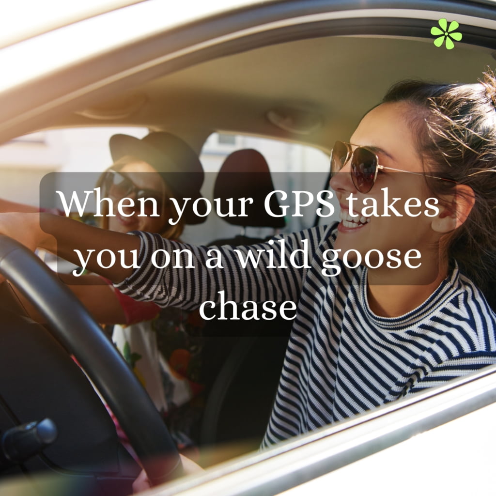 A GPS screen showing a route that leads to confusion and frustration, symbolizing a wild goose chase.