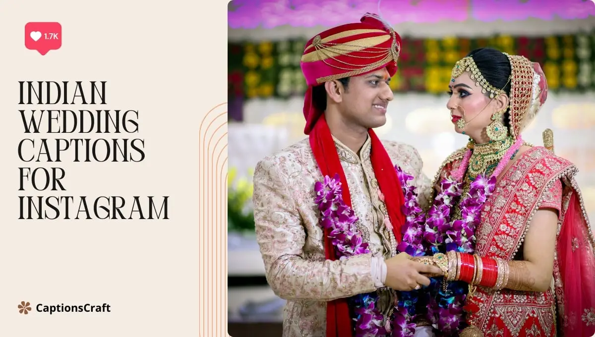 Indian wedding couple posing for a photo. Traditional attire, vibrant colors, and joyful expressions. Perfect for Instagram captions. #IndianWedding