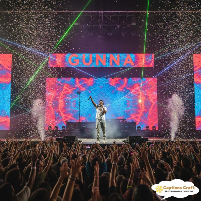 Gunna performing on stage with colorful lights and confetti falling.