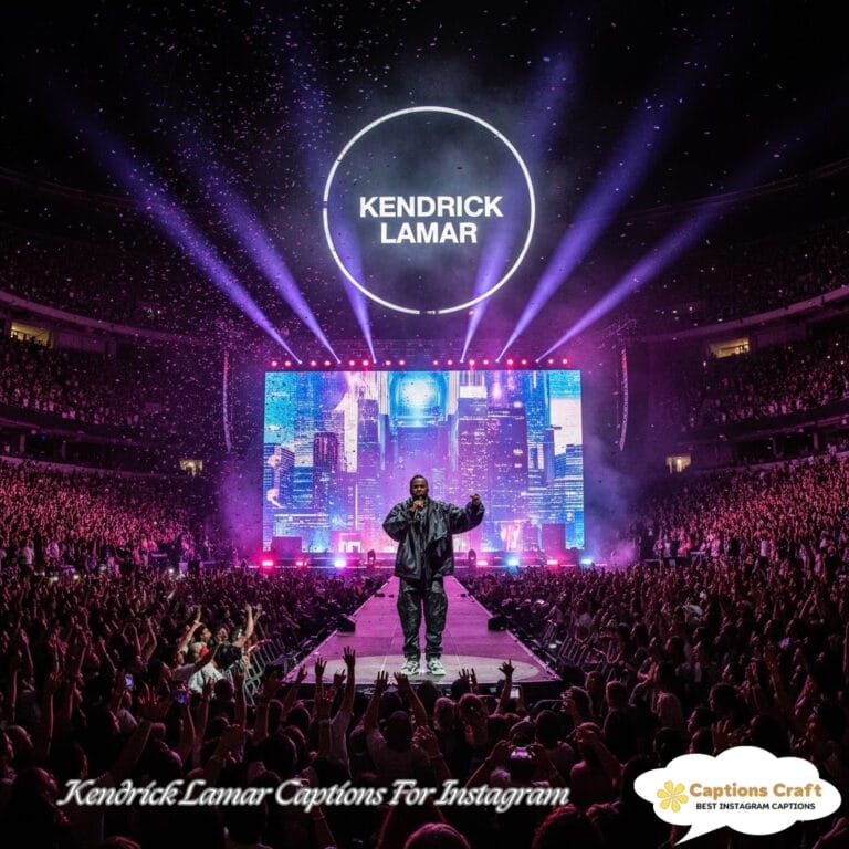 Kendrick Lamar performing on stage with vibrant lights and a cheering crowd.