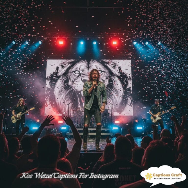 A musician performs on stage with a lion backdrop, surrounded by confetti and an energetic crowd.