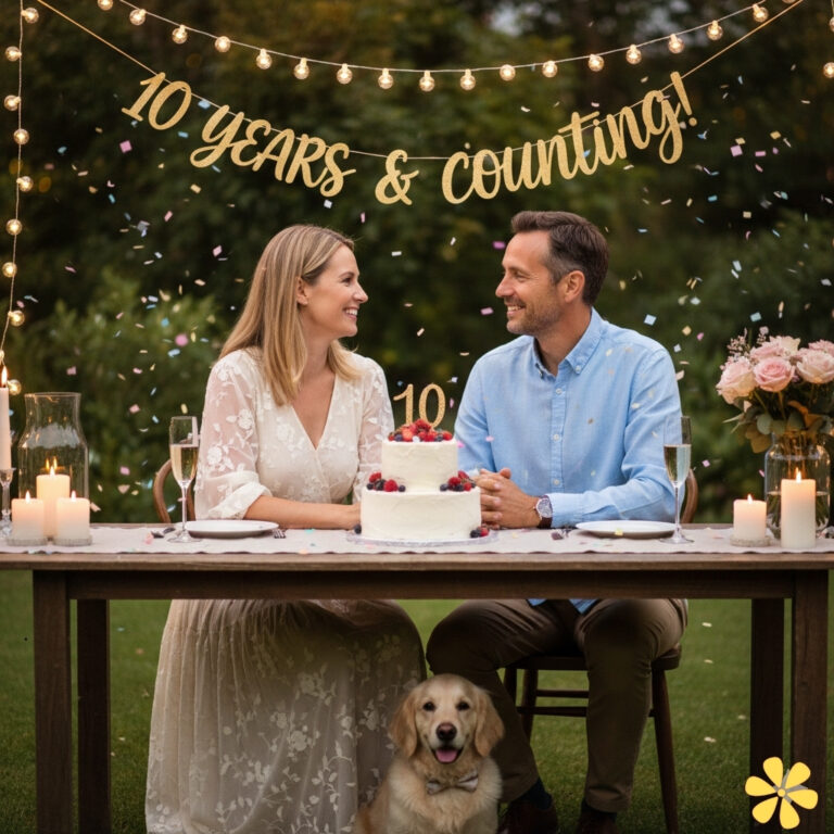 Couple celebrating 10 years with cake and confetti, golden retriever by their side.