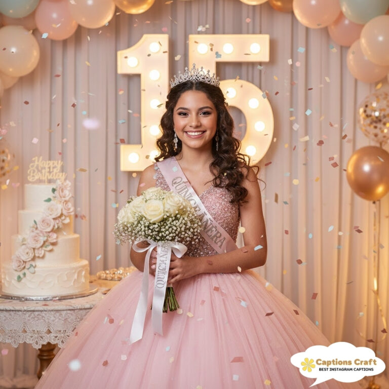 A young girl in a pink ball gown smiles, holding a bouquet, with a birthday backdrop and confetti falling.