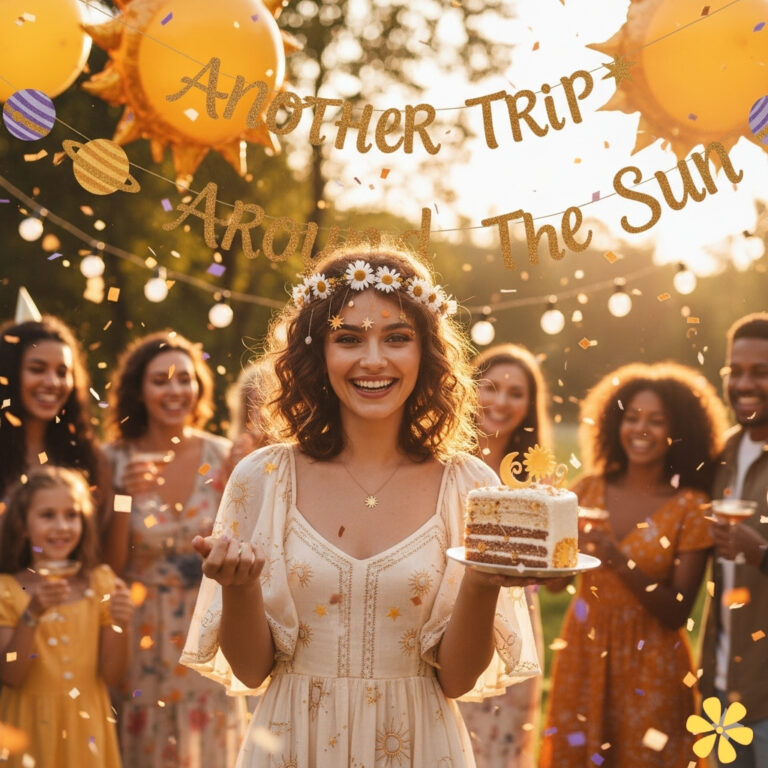 Woman in a sun-themed dress smiles, holding a cake amidst friends celebrating outdoors.