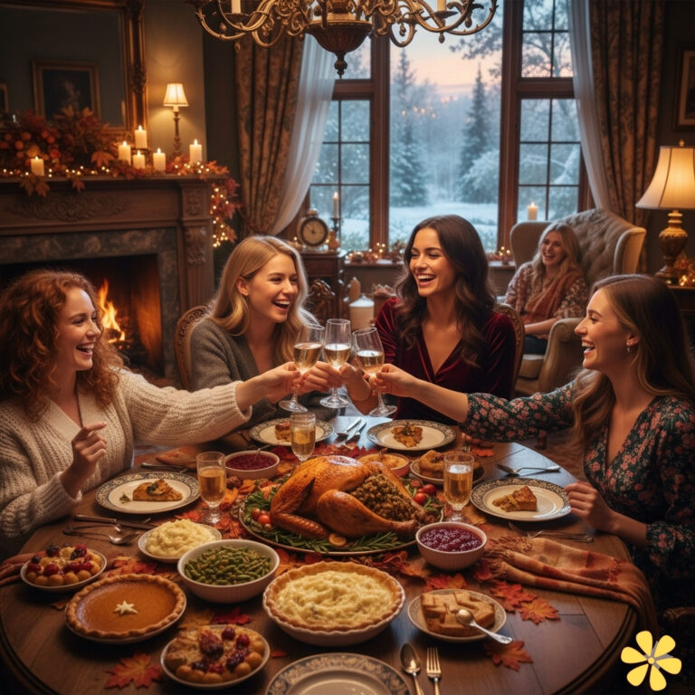 Friends toast at a cozy Thanksgiving dinner with festive dishes and a snowy backdrop.