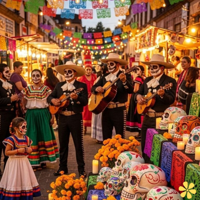 A lively street scene filled with musicians in sombreros, colorful decorations, and sugar skulls.