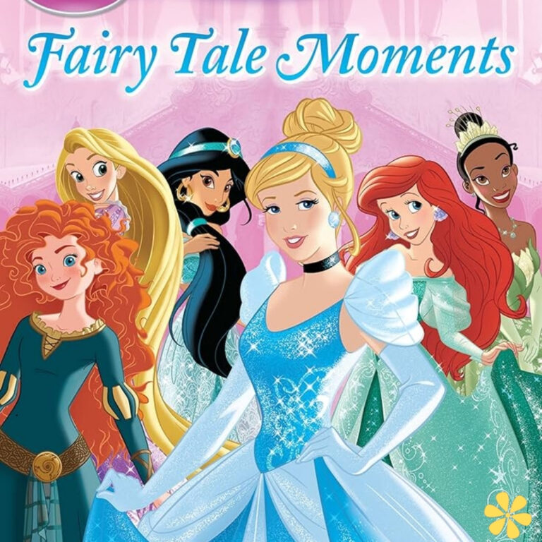 Six animated princesses in colorful dresses pose together, showcasing their unique styles and personalities.