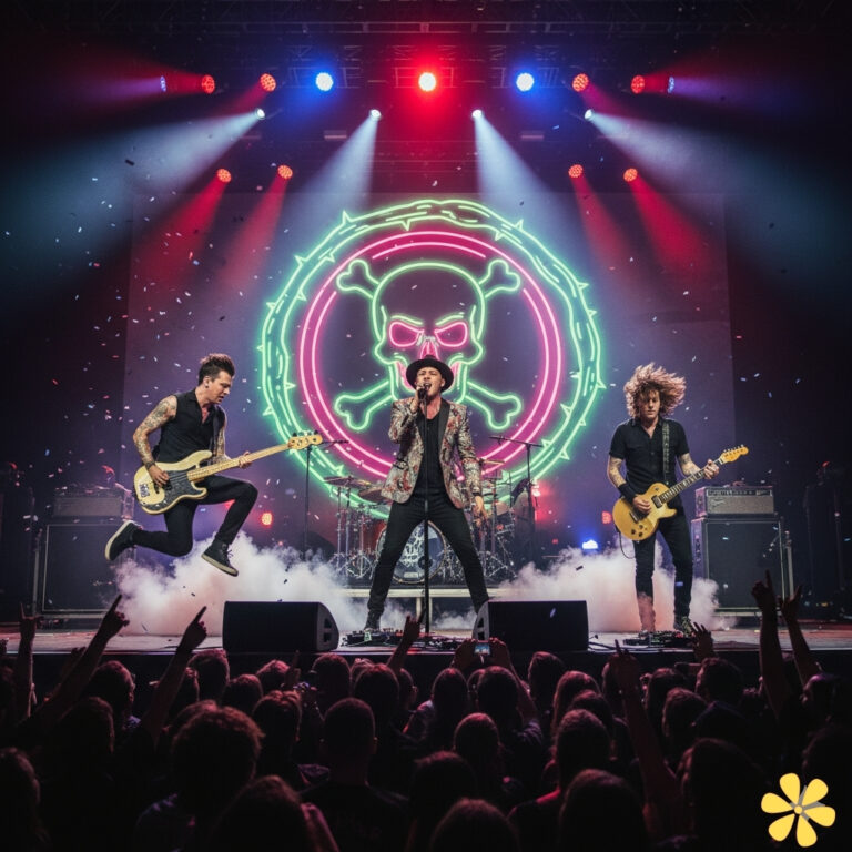Band performing energetically on stage with bright neon skull backdrop.