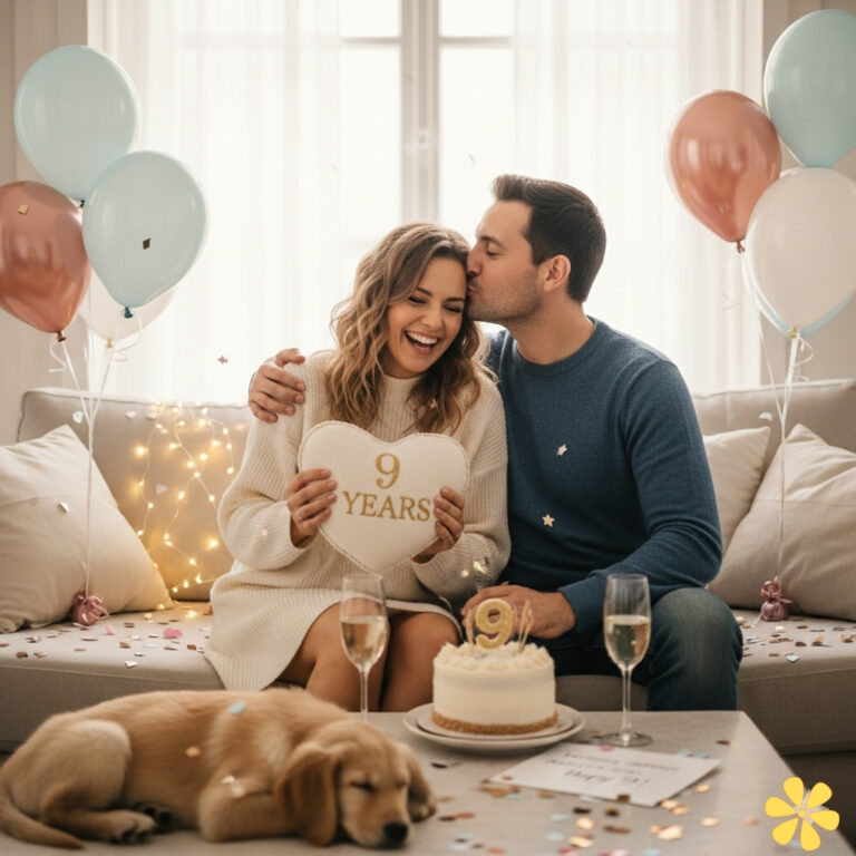 Couple celebrating 9 years together, smiling, with balloons and cake. Dog resting nearby.