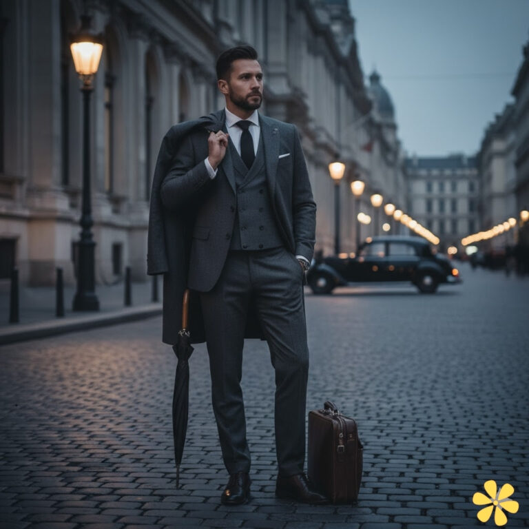 A sharply dressed man in a suit holds an umbrella, standing confidently on a cobblestone street.