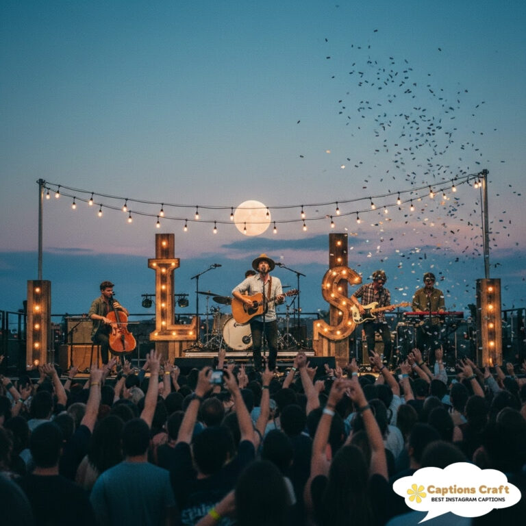 Band performing on stage with audience and moon in the background.