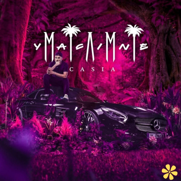 A person sits confidently on a sleek black car, surrounded by vibrant purple foliage and palm trees.