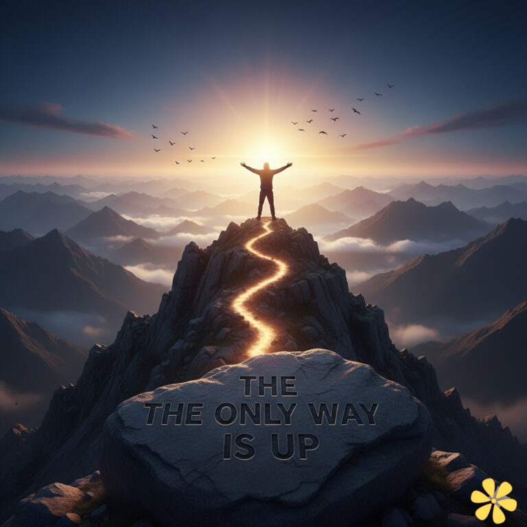 Person stands on a mountain peak with arms raised at sunrise, path glowing behind them.