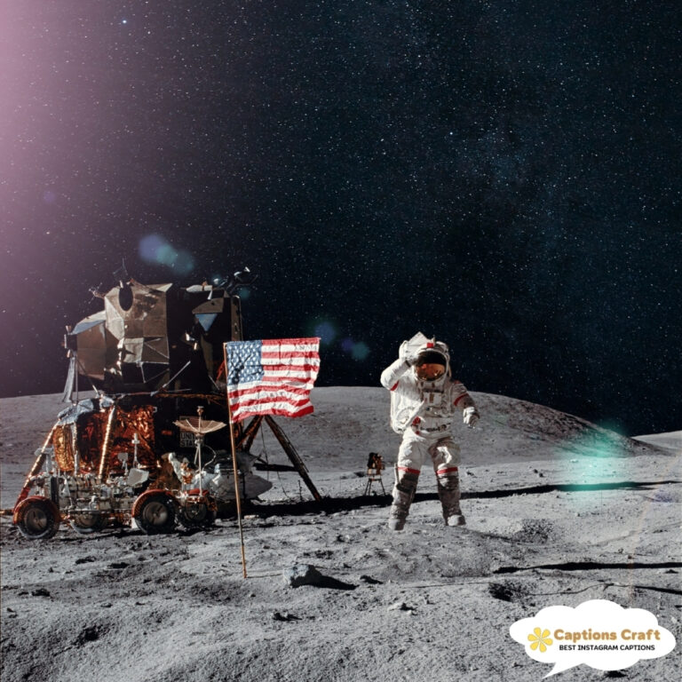 Astronaut salutes on the moon with an American flag and lunar module behind.