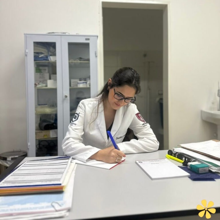 A focused young woman in a white coat writes notes at a desk.