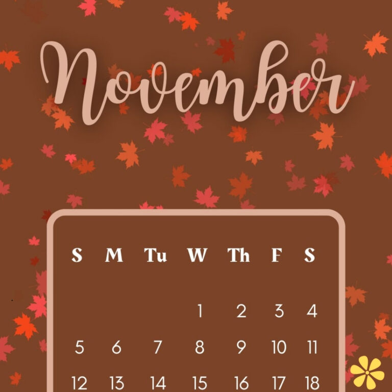 November calendar with falling leaves in warm colors, cozy autumn vibe.