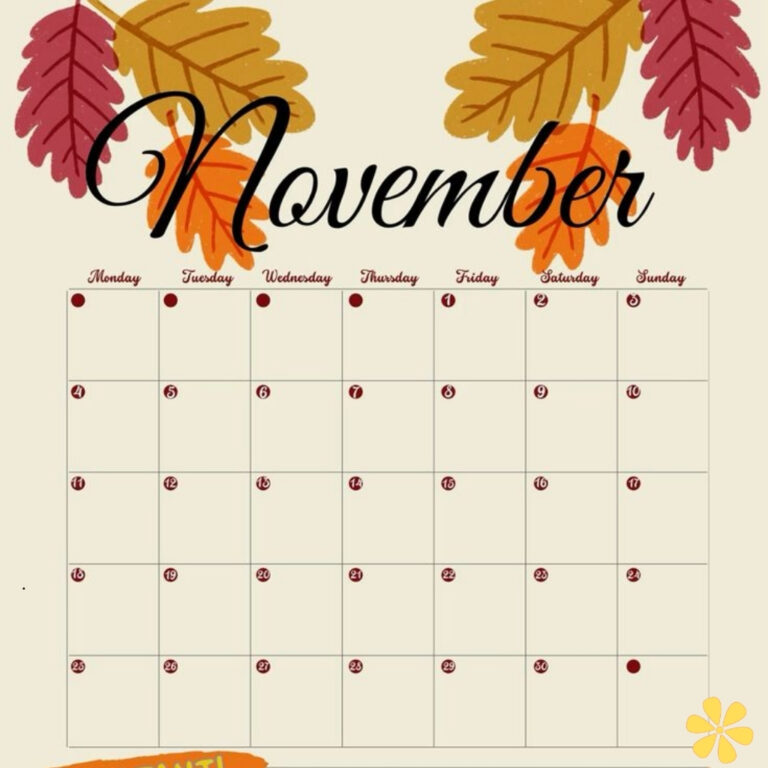 November calendar with autumn leaves and dates marked in red.