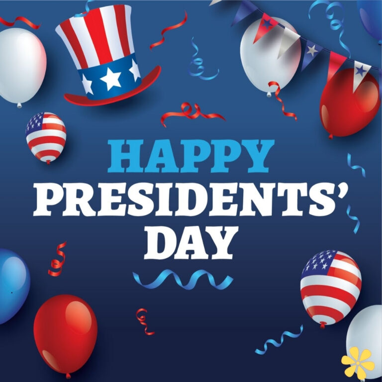 Colorful balloons and a top hat celebrate Presidents' Day with festive decorations.