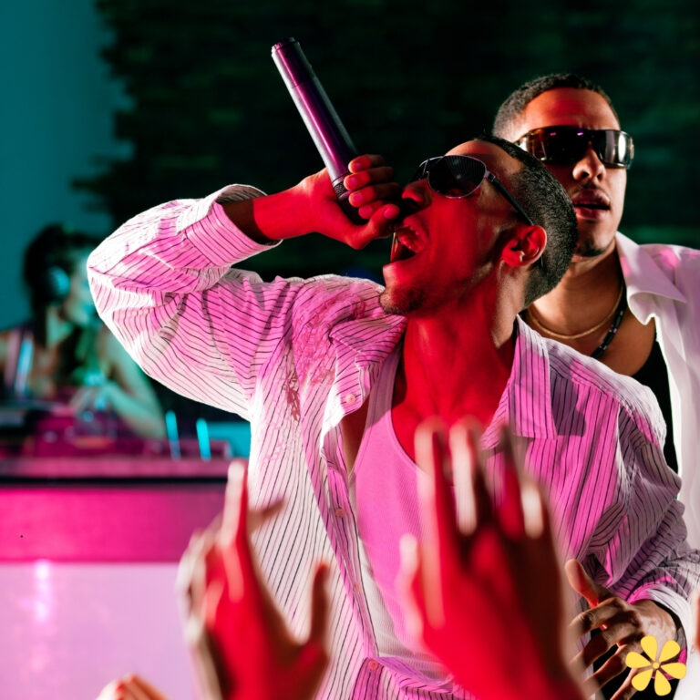 A lively scene with a singer performing passionately on stage, hands raised in excitement.