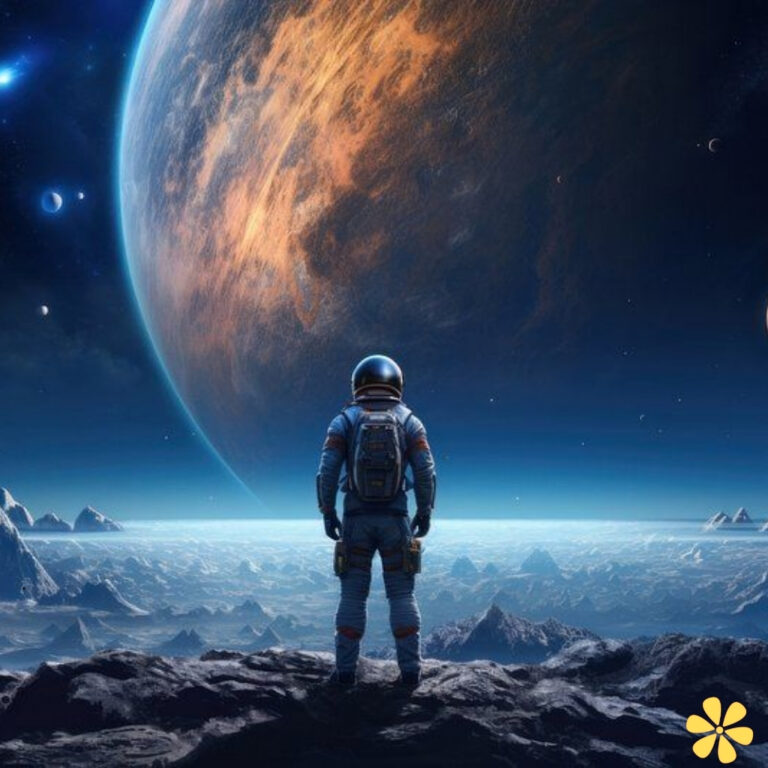 Astronaut gazing at a distant planet, surrounded by stars and mountains.