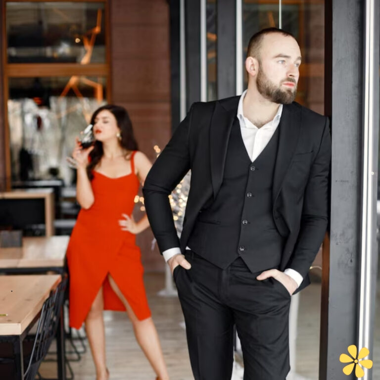 Man in a suit leans against a post, while a woman in a red dress sips a drink behind him.