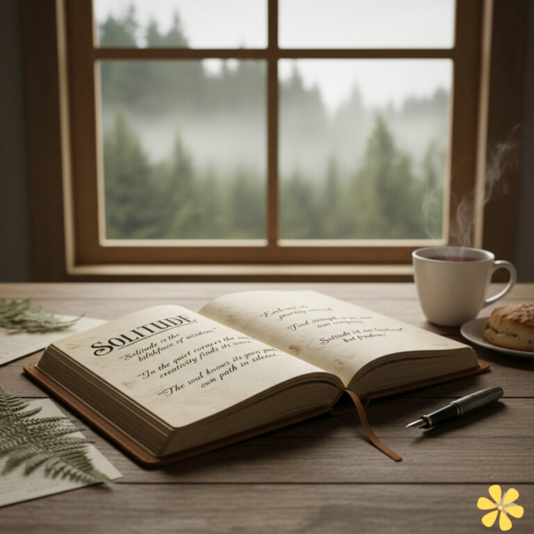 Open book with quotes on solitude, coffee mug, and cookie on wooden table by window.