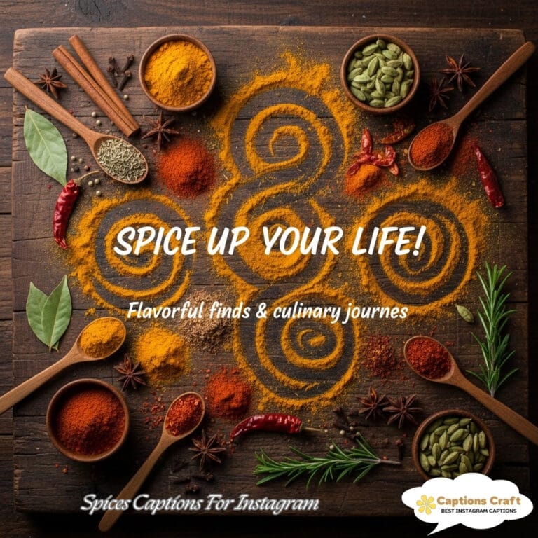 Colorful spices spread across a wooden surface, forming a spiral pattern with herbs.