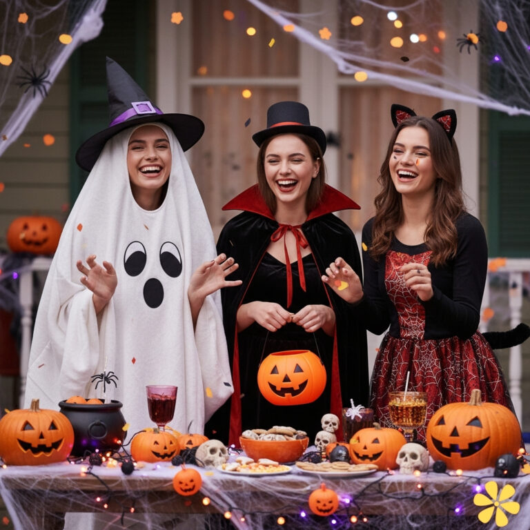 Three friends dressed for Halloween, laughing and enjoying a festive setup with pumpkins and treats.