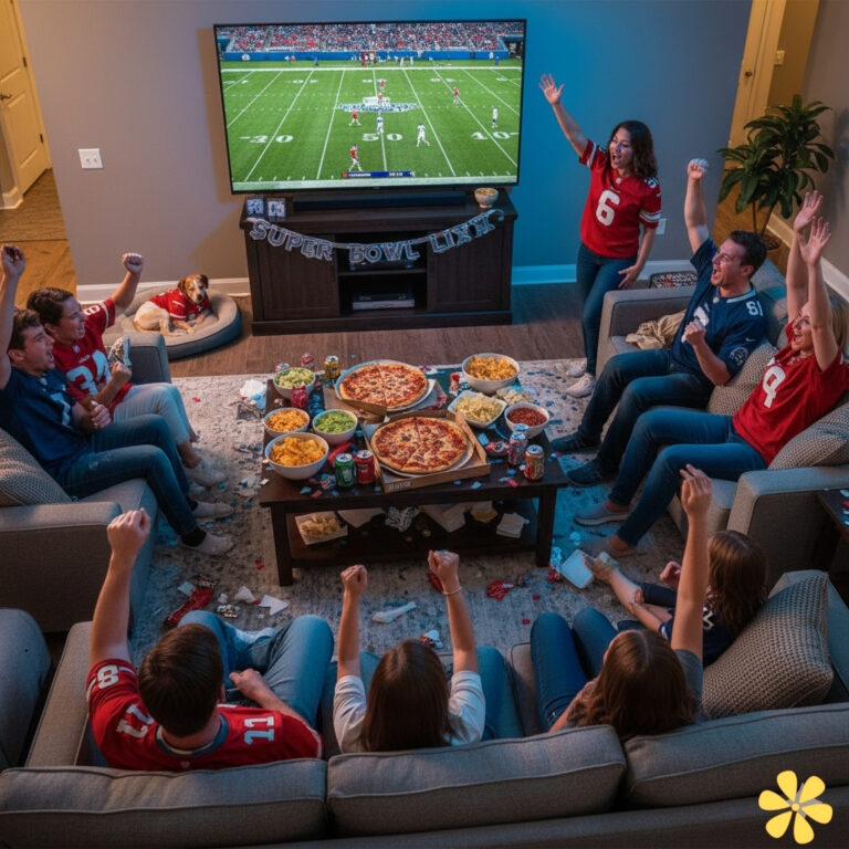 Group of friends cheering during a Super Bowl party with food and drinks.