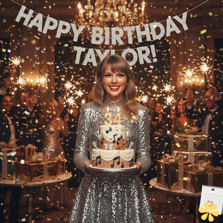 Woman in sparkly dress holding birthday cake with candles, surrounded by confetti and guests.