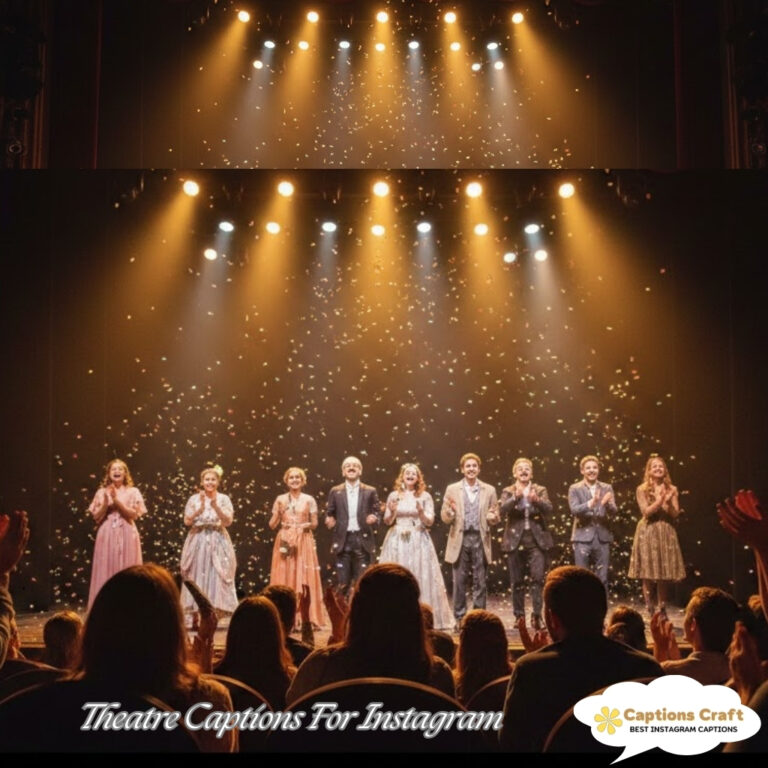 Actors bowing on stage, surrounded by falling confetti and warm lights.