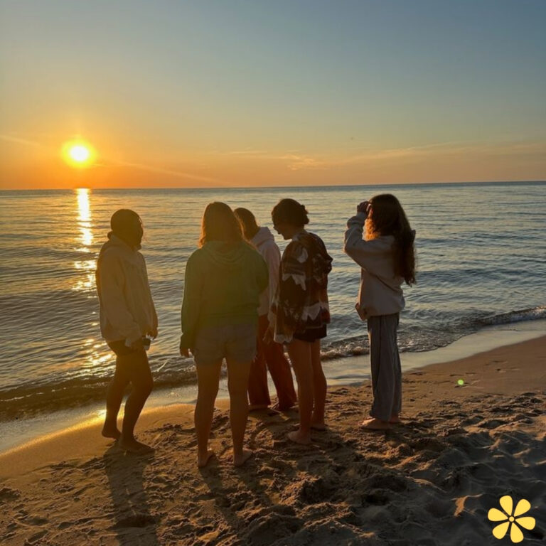 Group of friends at the beach watching the sunset, water shimmering.