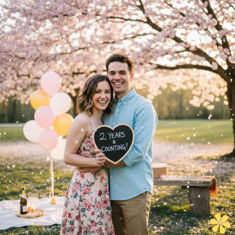 Couple smiles with a heart-shaped sign, cherry blossoms in bloom around them.