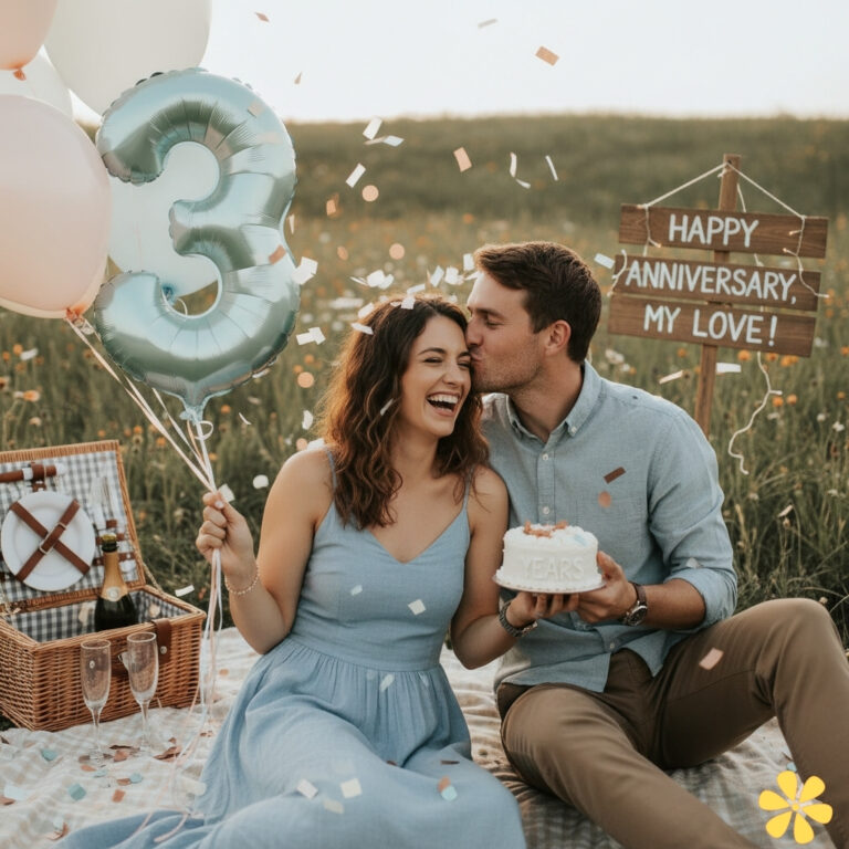 A couple celebrates their 3rd anniversary in a field, surrounded by balloons and confetti, sharing a sweet kiss.