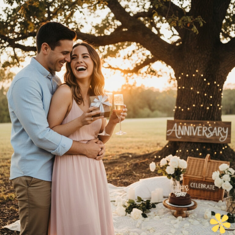 Couple celebrating an anniversary outdoors, smiling and holding champagne glasses and a gift.