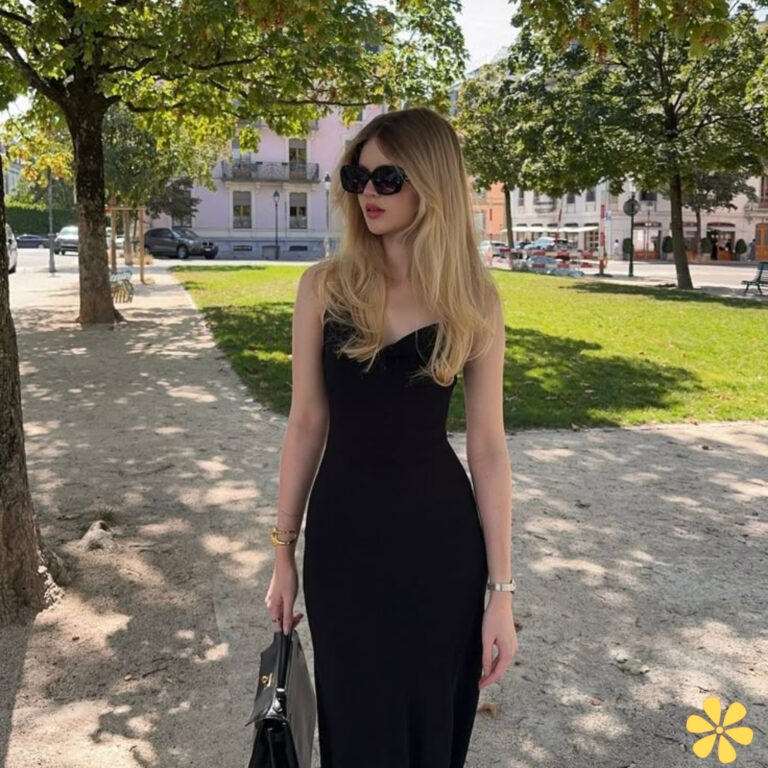 A woman in a sleek black dress walks confidently in a sunlit park, sunglasses on, with a stylish handbag.