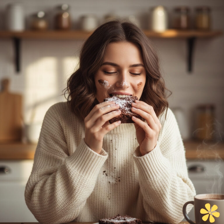 Woman with curly hair enjoying a brownie, crumbs on her face, warm kitchen vibe.