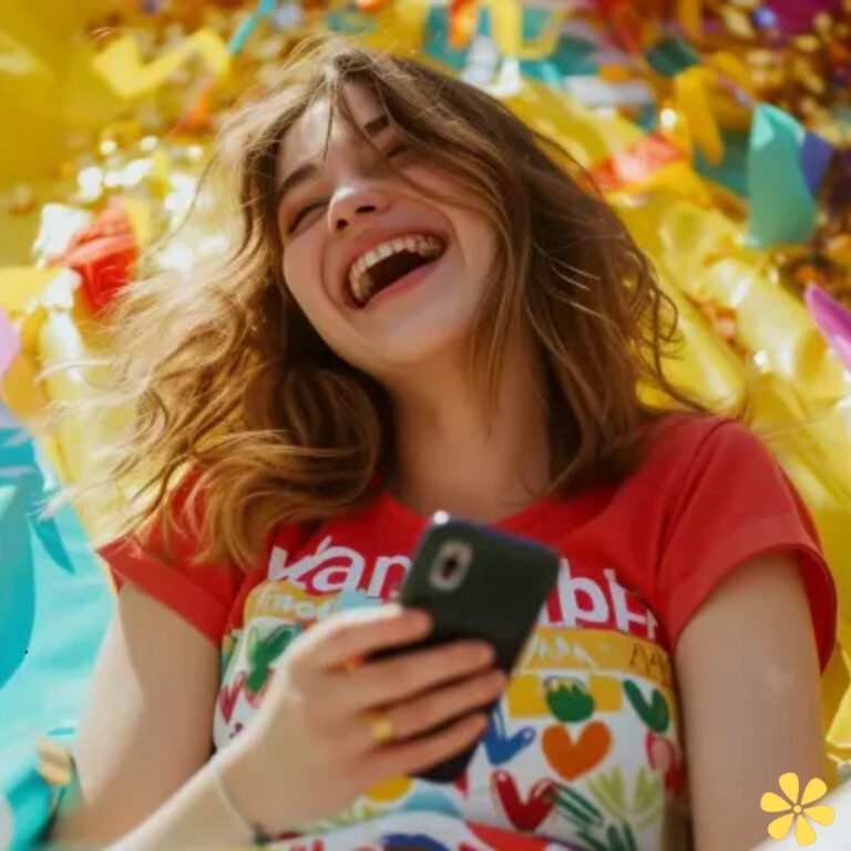 Young woman laughing joyfully while holding a smartphone, surrounded by colorful decorations.