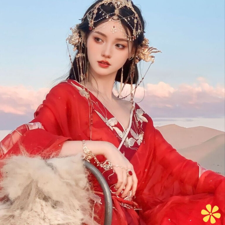 A young woman in a striking red outfit sits gracefully against a desert backdrop.