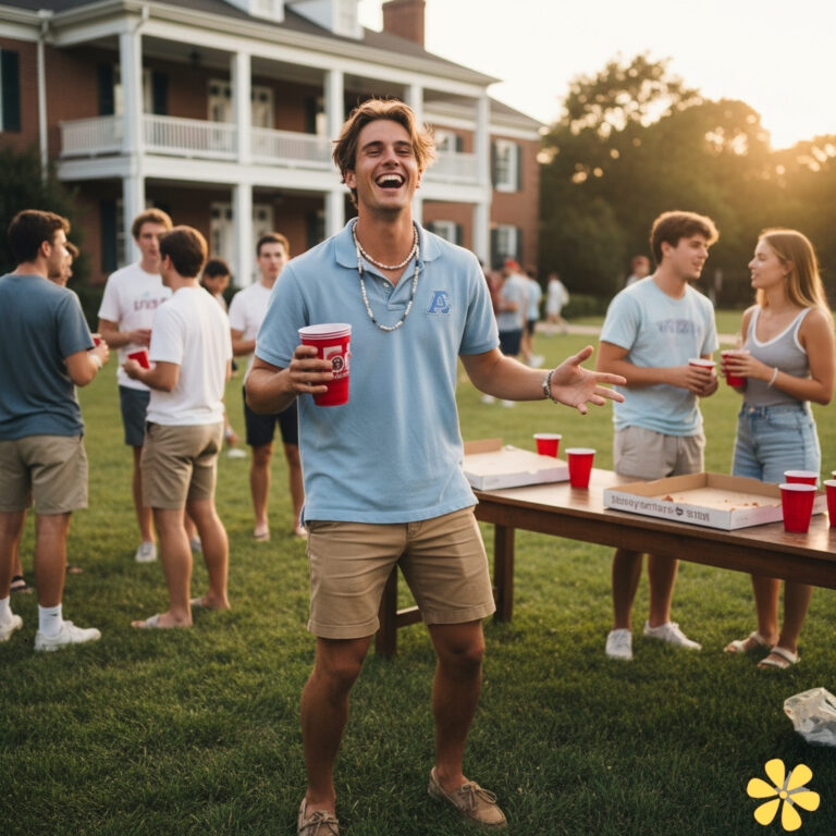 A young man in a blue polo laughs joyfully at an outdoor party, surrounded by friends.