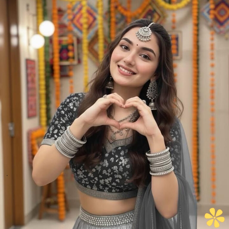 A woman in a traditional outfit makes a heart shape with her hands, smiling warmly.