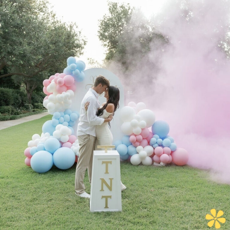 Couple shares a tender moment amidst colorful balloons and pink smoke.
